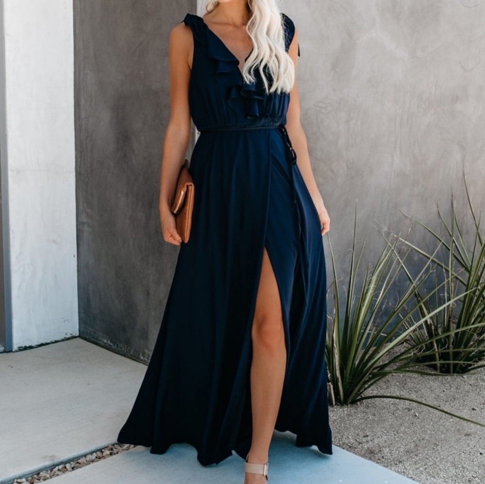 Women’s Navy Ruffle V-Neck Maxi Dress by